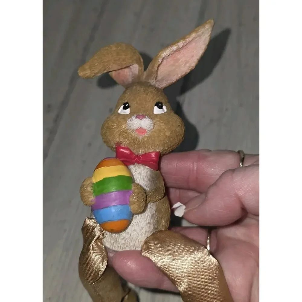 Vintage Wood Look Dangle Leg Easter Bunny Shelf Sitter With Rainbow Egg Cute